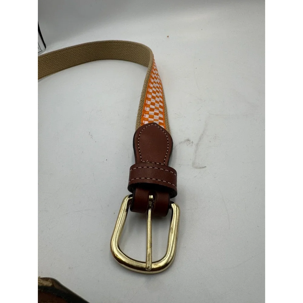Orange White Checkered Ribbon Canvas Web Belt Leather Tabs Brass Buckle Size 34